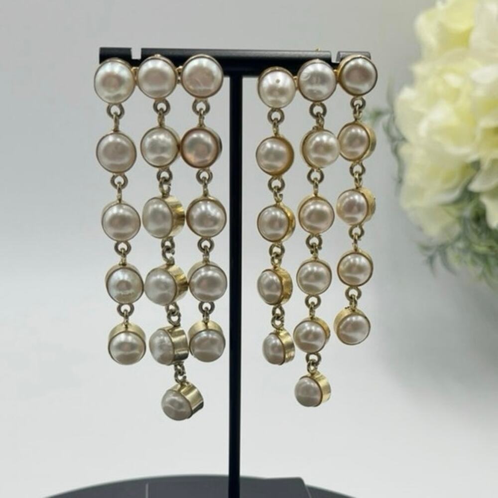 SHASHI Naya White Pearl Designer Dangle Three Triple Row Drop Earrings